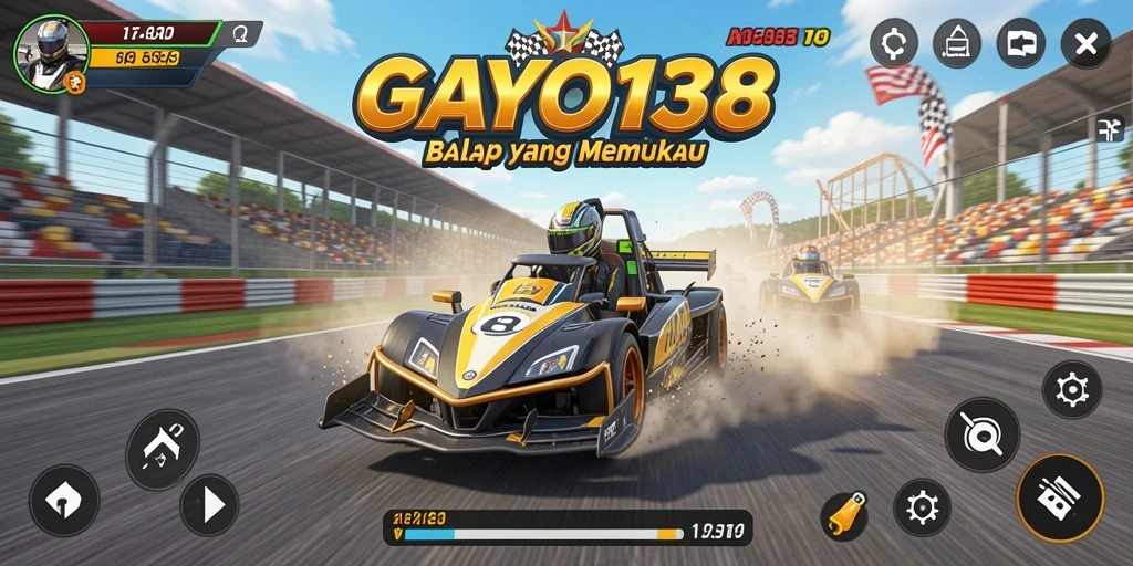 Screenshot gameplay GAYO138 menampilkan mobil balap di lintasan yang menegangkan.
