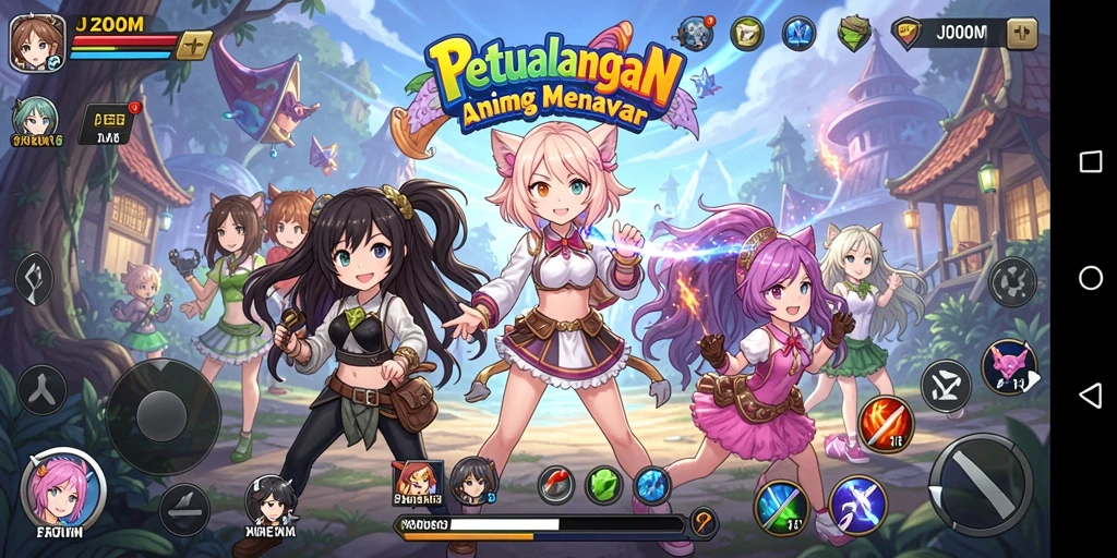 Screenshot menunjukkan gameplay seru dan karakter anime yang menarik.