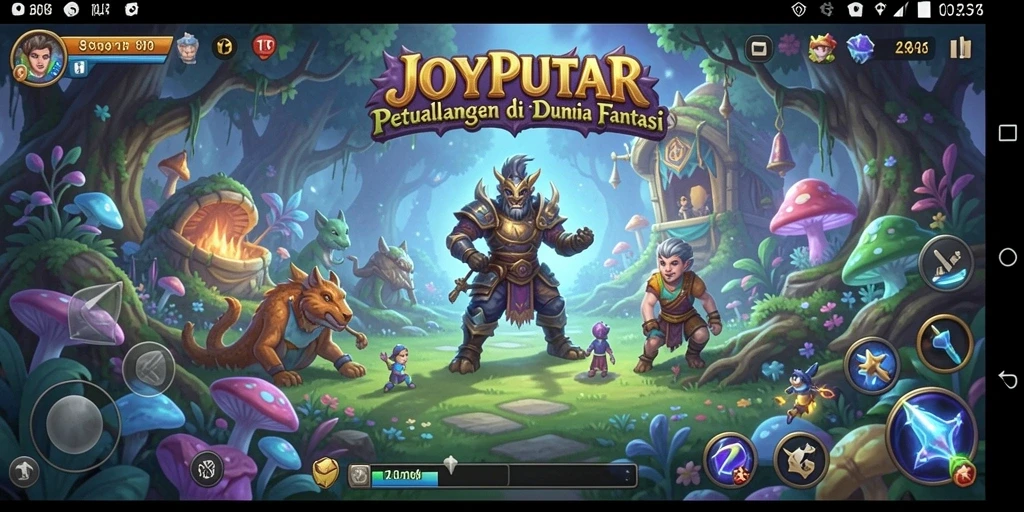 Screenshot gameplay JOYPUTAR menunjukkan pertempuran epik di dunia fantasi.