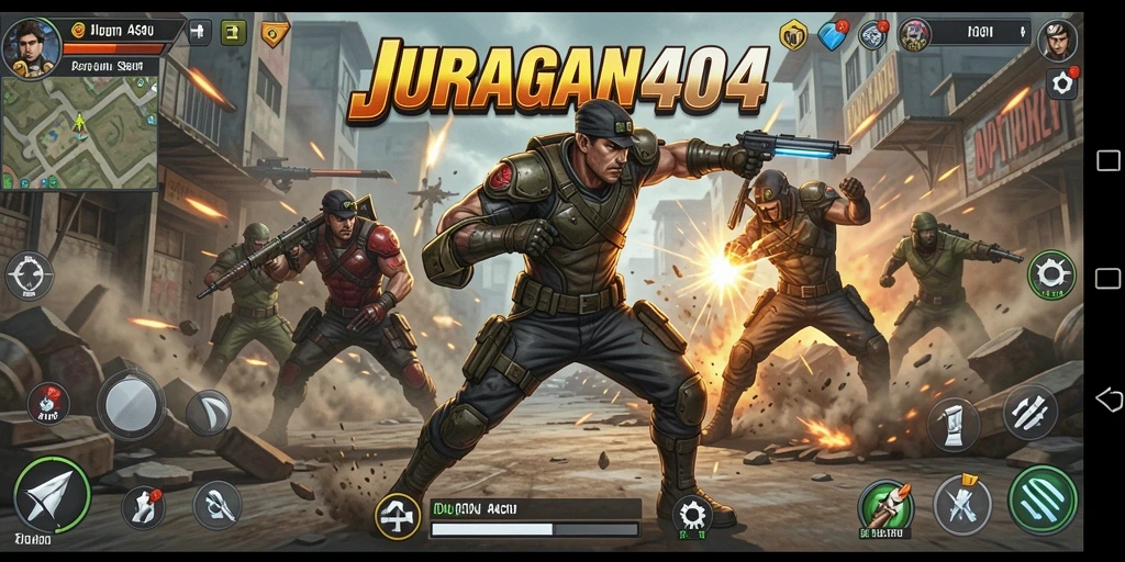 Gameplay action intens dalam JURAGAN404 dengan pertarungan seru.