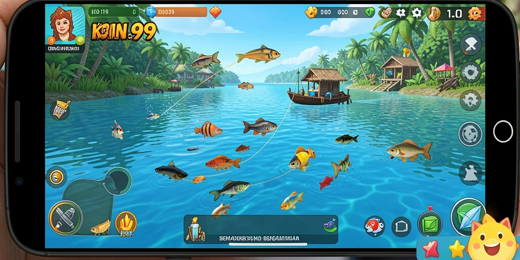 Screenshot utama KOIN99 menampilkan gameplay memancing yang mendebarkan.