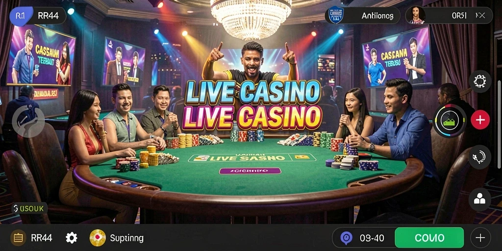 Screenshot gameplay RR44 yang menunjukkan dealer dan meja permainan Live Casino.