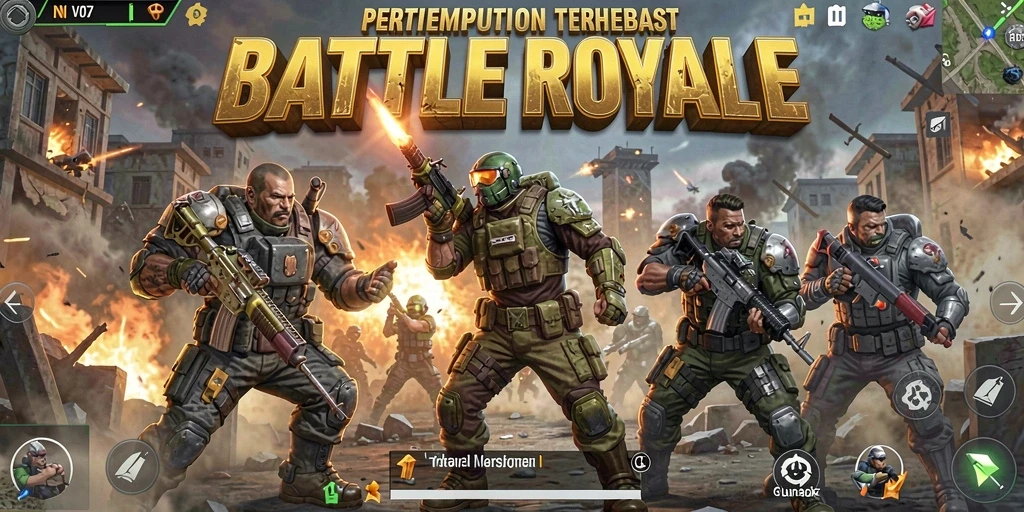 Screenshot utama V07 menampilkan pertempuran seru dalam peta Battle Royale.