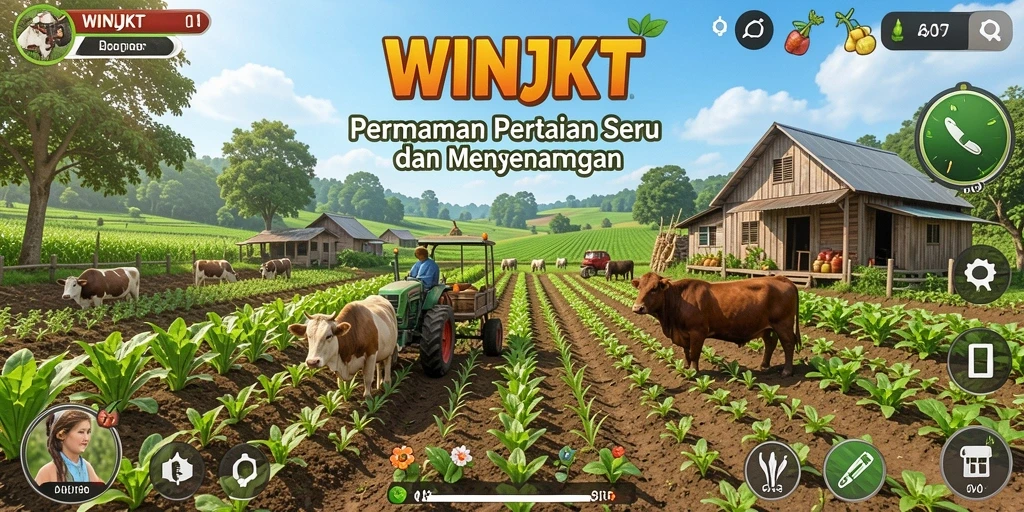 Screenshot gameplay WINJKT menunjukkan taman yang subur dan hewan ternak yang ceria.