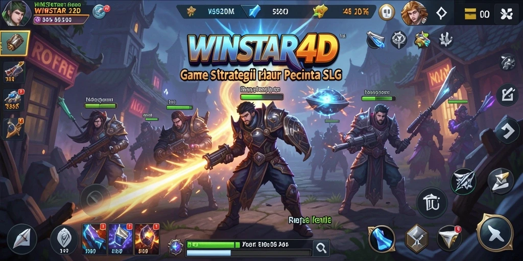 Tangkapan layar gameplay <strong>WINSTAR4D</strong> menampilkan aksi pertempuran yang mendebarkan dan pengelolaan kerajaan.